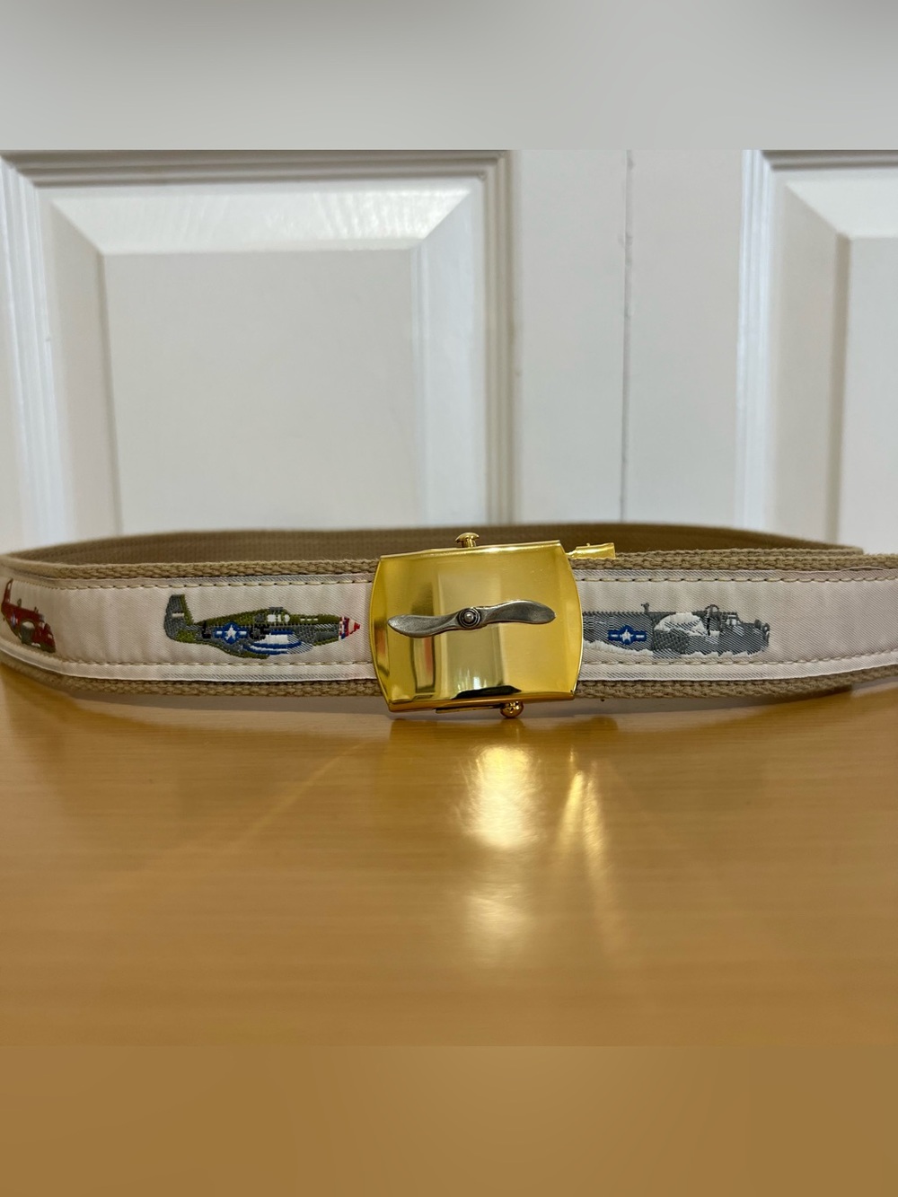 Vtg Men's Canvas Web Belt w/ Embroidered WW2 Airplanes Solid Brass Buckle USA
